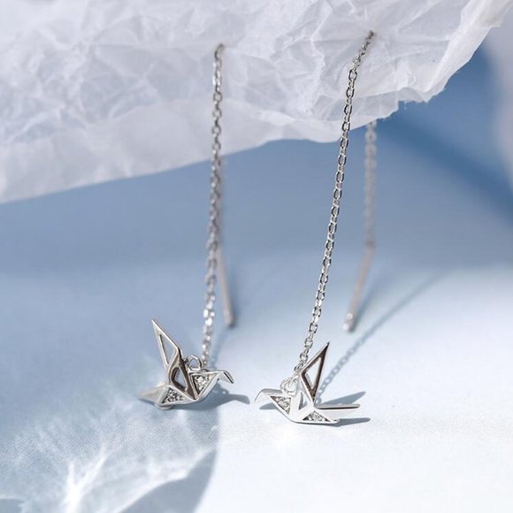 *NEW Sterling Silver Diamond Paper Crane Earrings - Picture 4 of 9